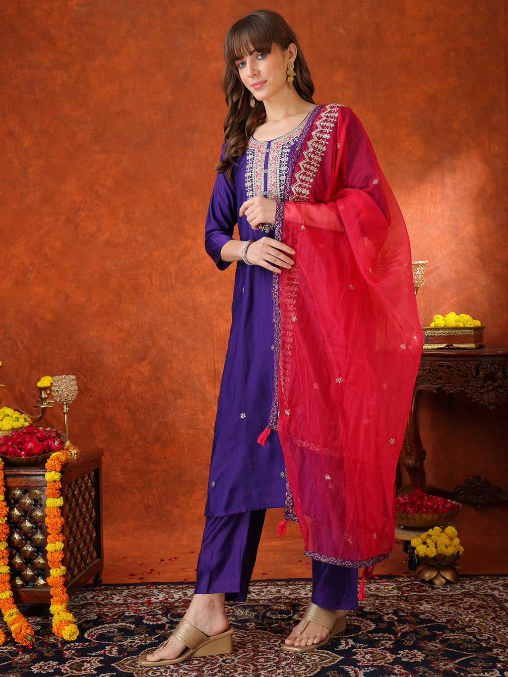 Sequin & Thread Embroidered Kurta With Pant & Embroidered Dupatta, Purple - Hiral Fashion - Distacart