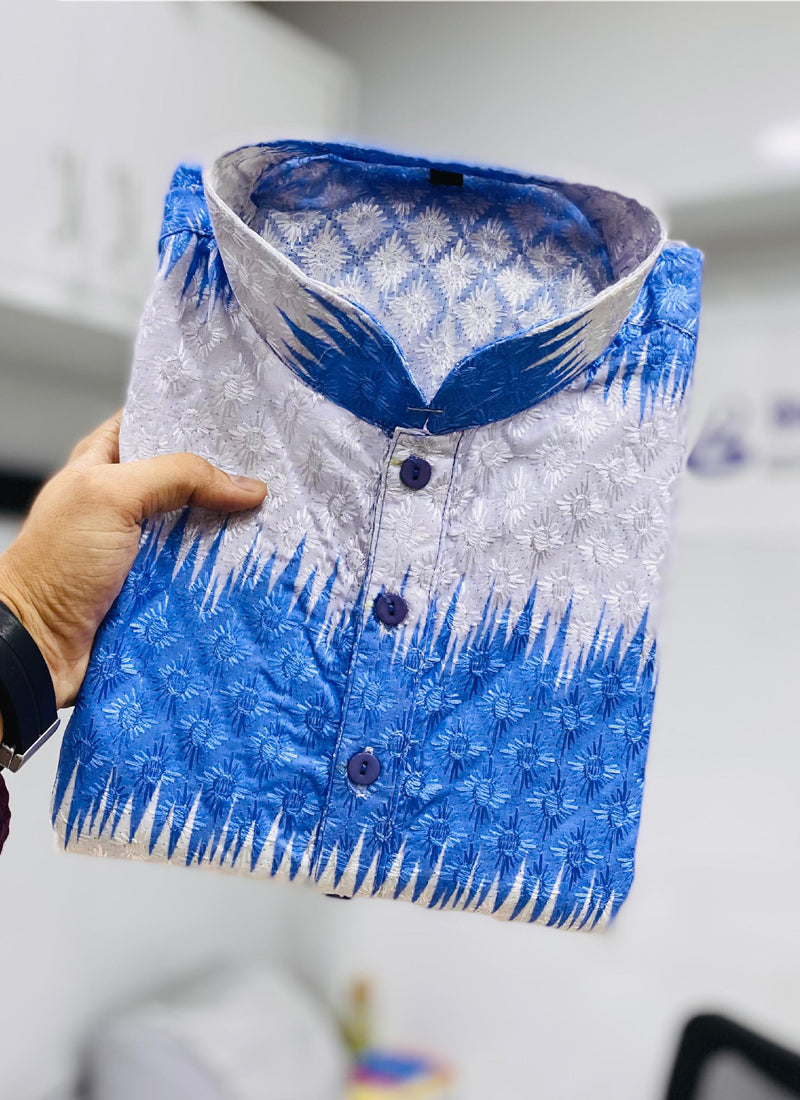 Prazu Fashion Blue Cotton Embroidered Shading Print Kurta