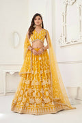 Aastha Fashion Mustard Yellow Butterfly Net White Cotton Thread Work And Sequence Work Embroidery Wedding Wear Lehenga Choli