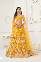 Aastha Fashion Mustard Yellow Butterfly Net White Cotton Thread Work And Sequence Work Embroidery Wedding Wear Lehenga Choli
