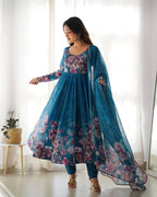 Lorenvalley Fashion Women Pure Soft Organza Silk Floral Print Fully Flair Anarkali With Pent Dupatta Set - Teal