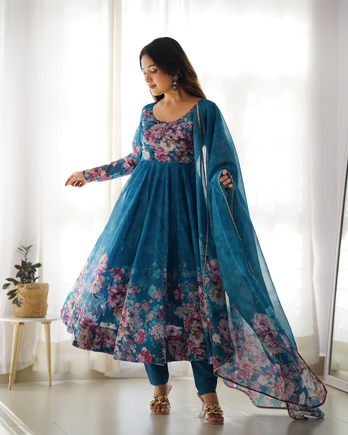 Lorenvalley Fashion Women Pure Soft Organza Silk Floral Print Fully Flair Anarkali With Pent Dupatta Set - Teal