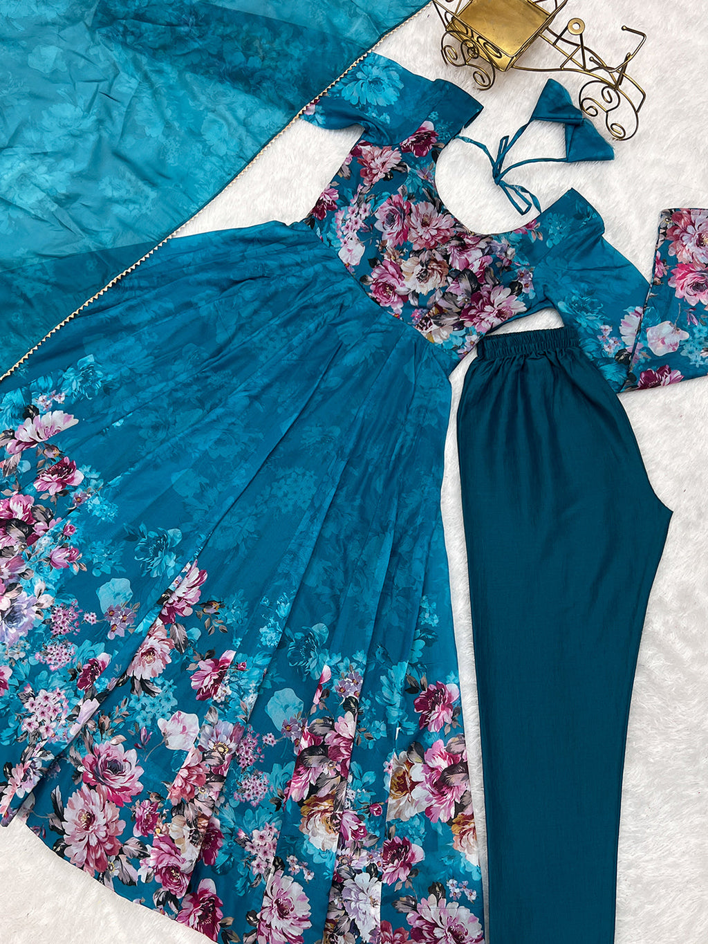 Lorenvalley Fashion Women Pure Soft Organza Silk Floral Print Fully Flair Anarkali With Pent Dupatta Set - Teal