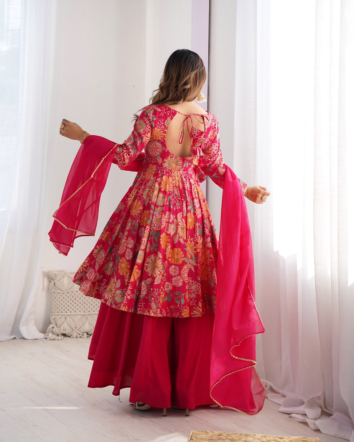 Evanik Rani Pink Pure Romance Silk With Print Kediya With Palazzo Suit