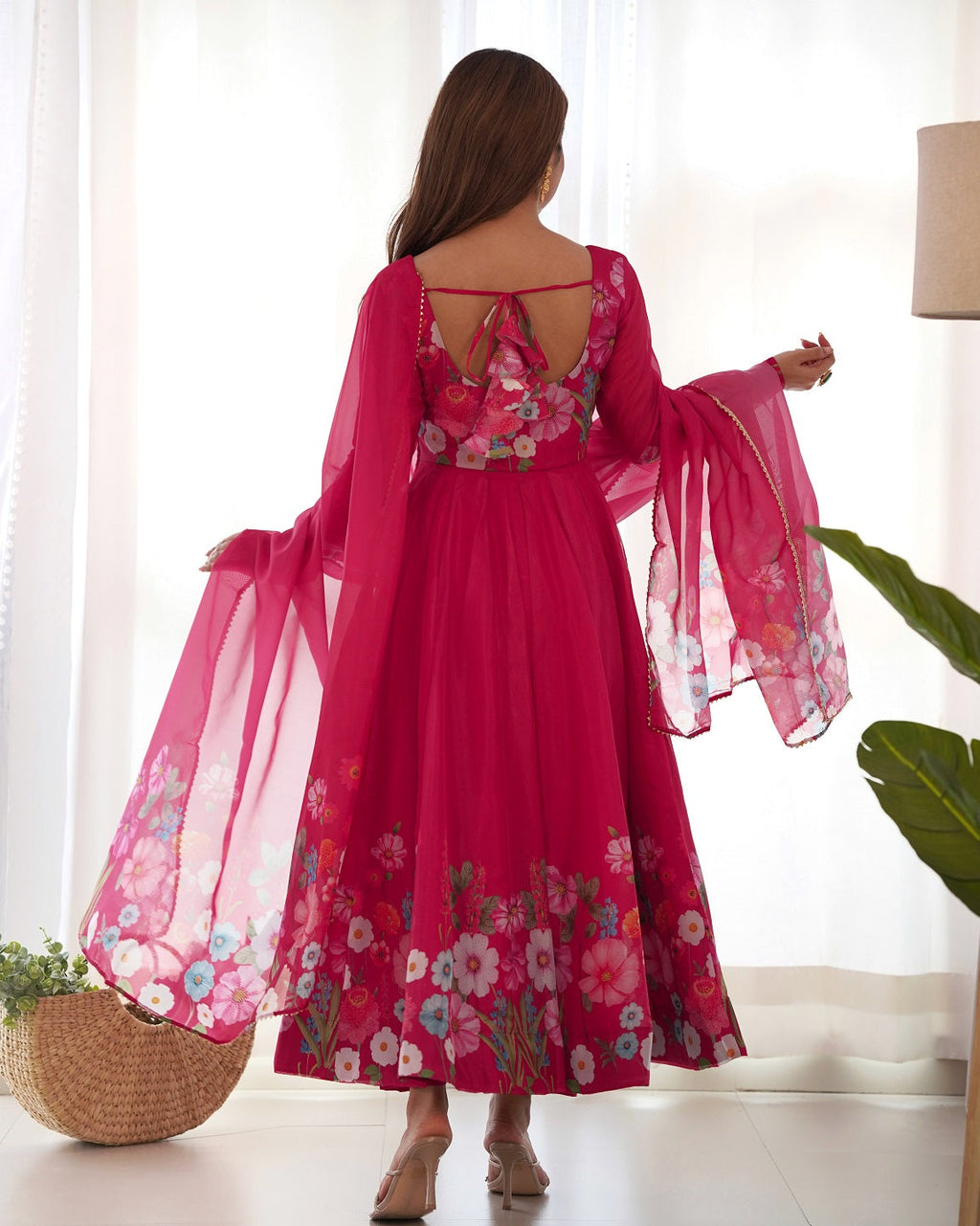 Evanik Rani Pink Soft Organza Silk With Floral Print Fully Flared Anarkali Pant With Dupatta Set