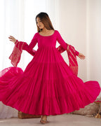 Evanik Rani Pink Pure Roman Silk Chanderi With Fully Flair Anarkali Pant With Dupatta
