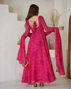 Evanik Rani Pink Pure Lightweight Chiffon Bandhej Design Anarkali Pant With Dupatta