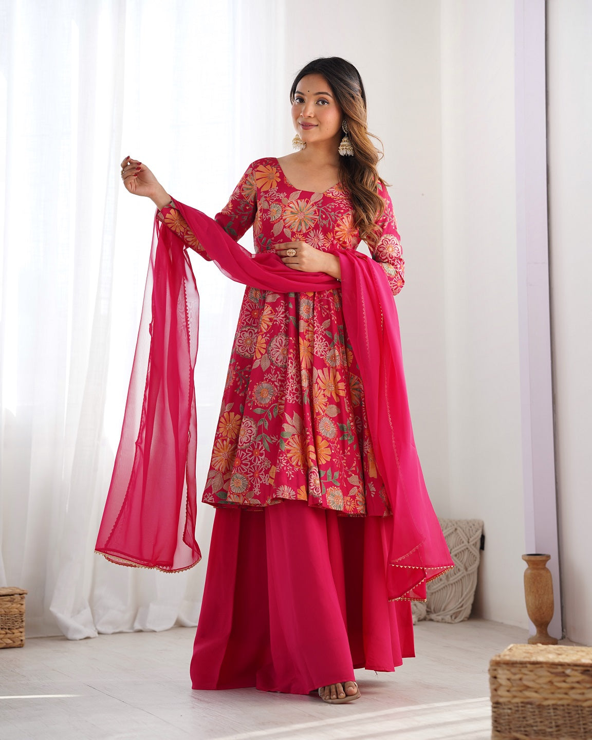 Evanik Rani Pink Pure Romance Silk With Print Kediya With Palazzo Suit