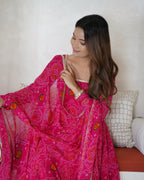 Evanik Rani Pink Pure Lightweight Chiffon Bandhej Design Anarkali Pant With Dupatta