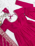 Evanik Rani Pink Pure Roman Silk Chanderi With Fully Flair Anarkali Pant With Dupatta