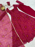 Evanik Rani Pink Pure Lightweight Chiffon Bandhej Design Anarkali Pant With Dupatta