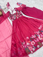 Evanik Rani Pink Soft Organza Silk With Floral Print Fully Flared Anarkali Pant With Dupatta Set
