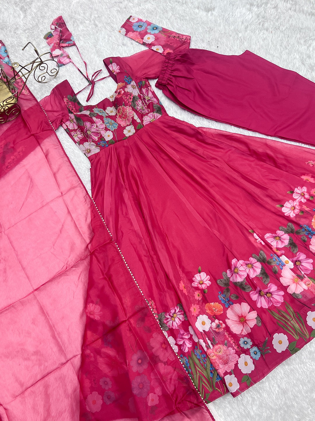 Evanik Rani Pink Soft Organza Silk With Floral Print Fully Flared Anarkali Pant With Dupatta Set