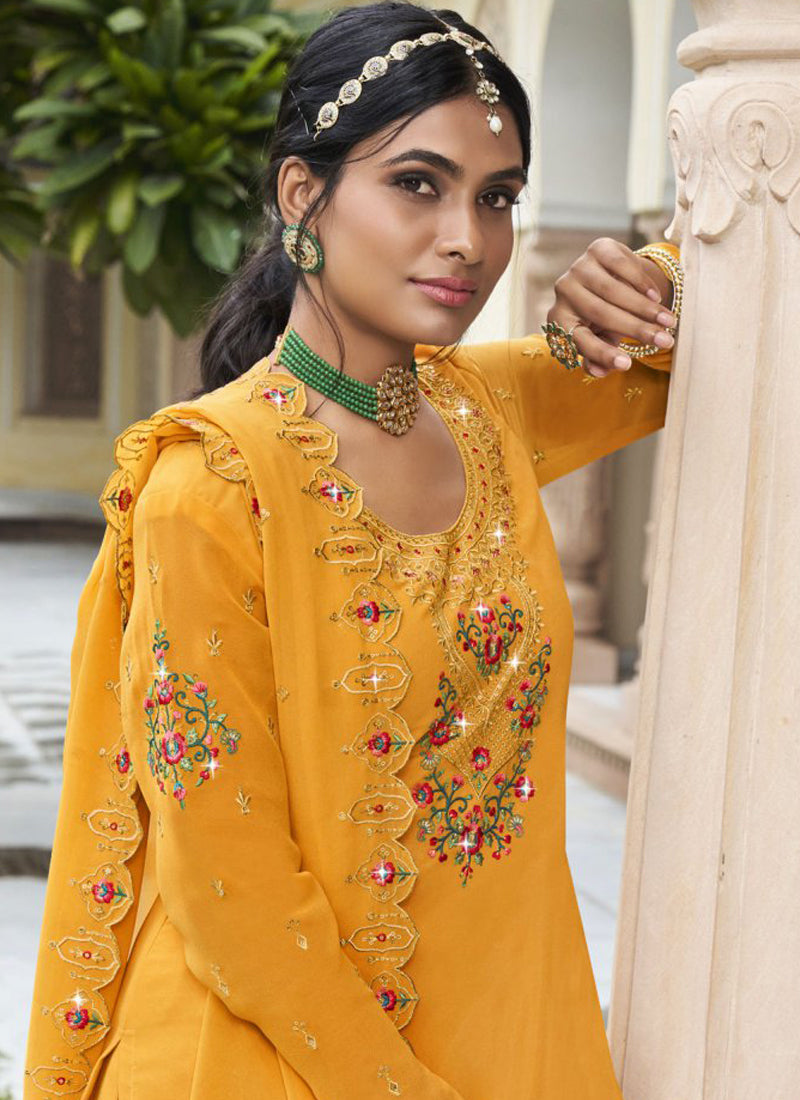 Vegaa Fashion Yellow Georgette Embroidery Designer Sharara Suit - Distacart