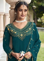 Vegaa Fashion Teal Georgette Embroidery Designer Sharara Suit - Distacart