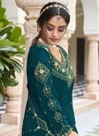 Vegaa Fashion Teal Georgette Embroidery Designer Sharara Suit - Distacart
