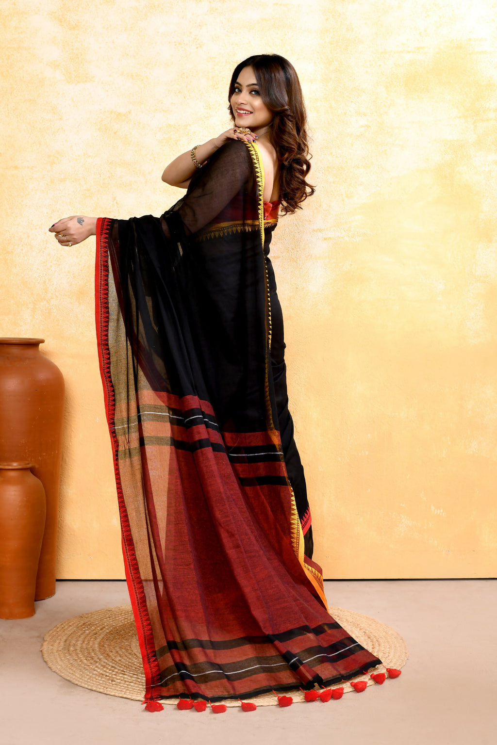 Piyari Fashion Women's Black Embellished Handloom Cotton Saree - Distacart