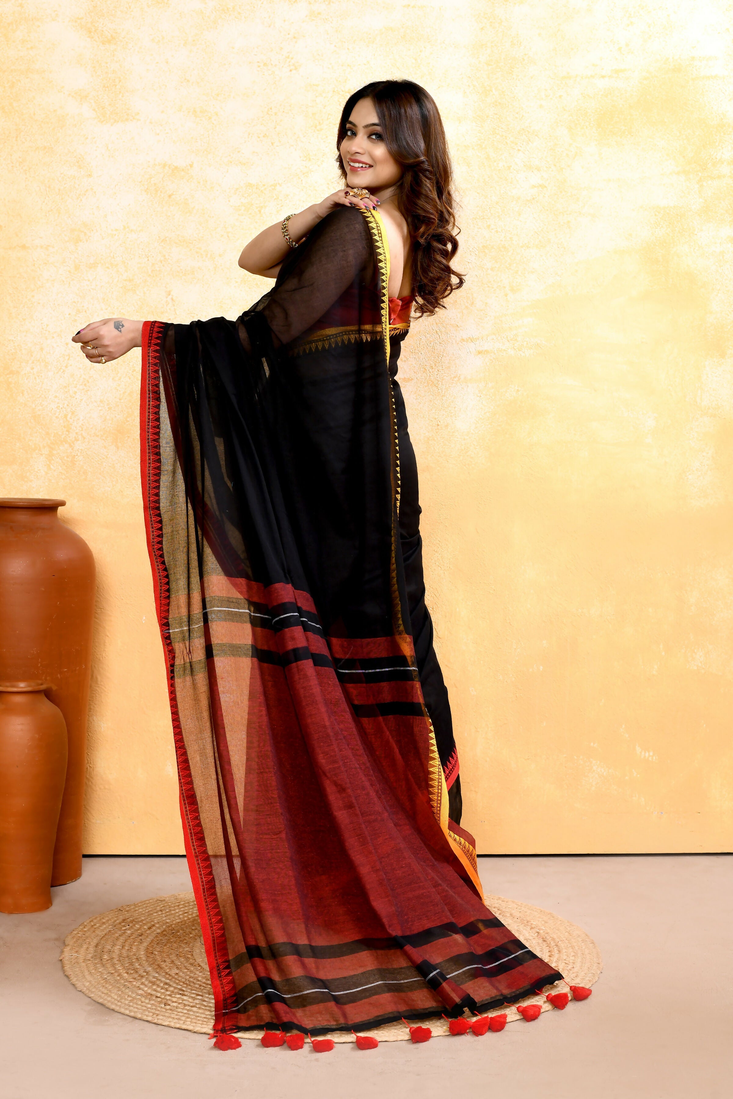 Piyari Fashion Women's Black Embellished Handloom Cotton Saree - Distacart
