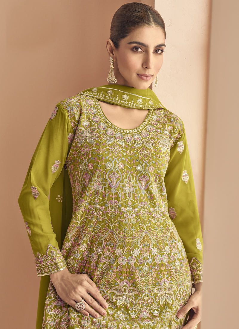 Vegaa Fashion Mehendi Georgette Embroidered Designer Palazzo Suit - Distacart