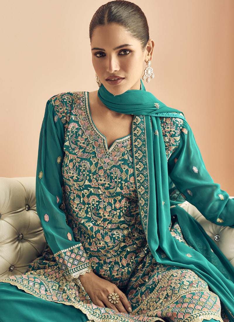Vegaa Fashion Turquoise Georgette Embroidered Designer Palazzo Suit - Distacart