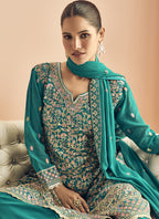 Vegaa Fashion Turquoise Georgette Embroidered Designer Palazzo Suit - Distacart