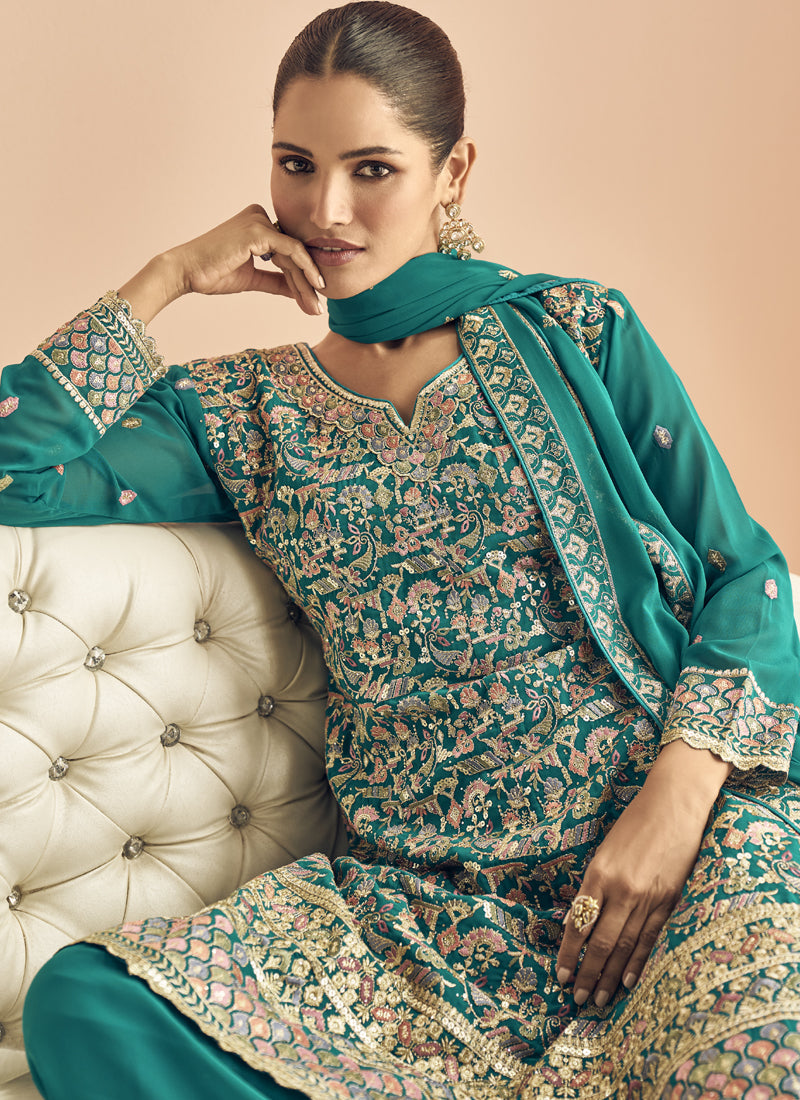 Vegaa Fashion Turquoise Georgette Embroidered Designer Palazzo Suit - Distacart