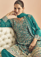 Vegaa Fashion Turquoise Georgette Embroidered Designer Palazzo Suit - Distacart