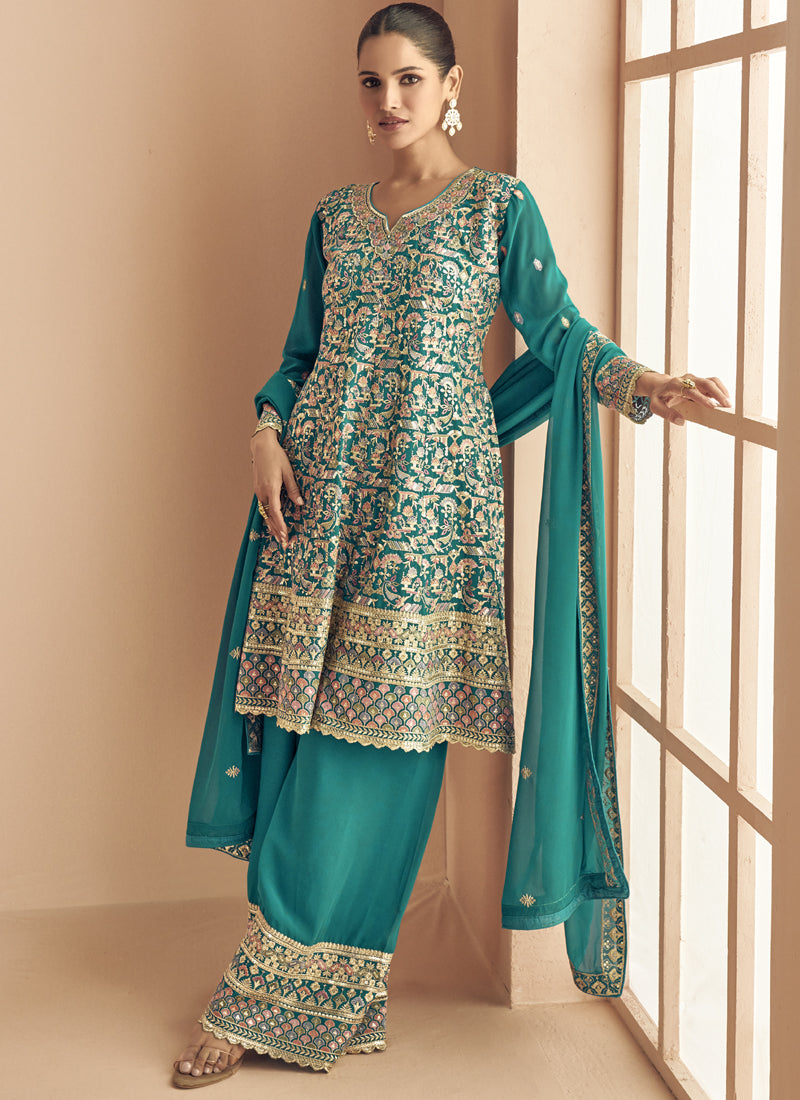 Vegaa Fashion Turquoise Georgette Embroidered Designer Palazzo Suit - Distacart