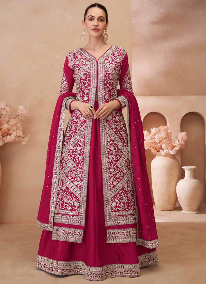 Vegaa Fashion Rani Pink Real Chinon Silk Embroidered Lehenga Style Suit - Distacart