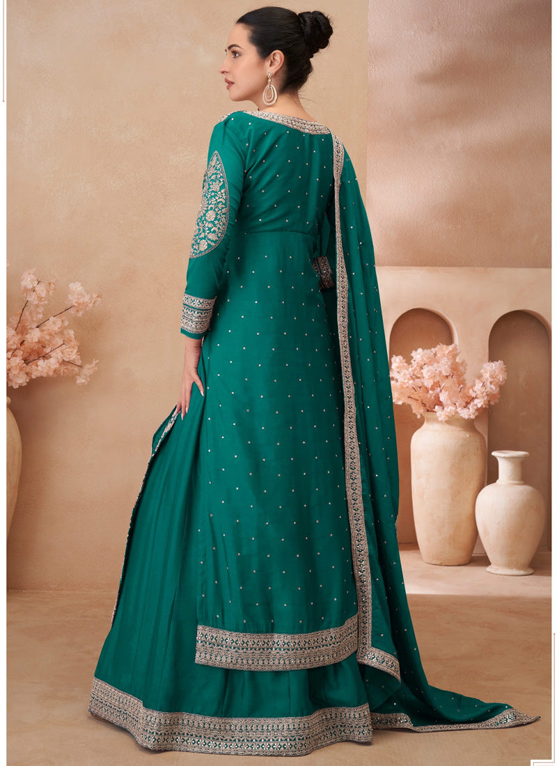 Vegaa Fashion Teal Green Real Chinon Silk Embroidered Lehenga Style Suit - Distacart