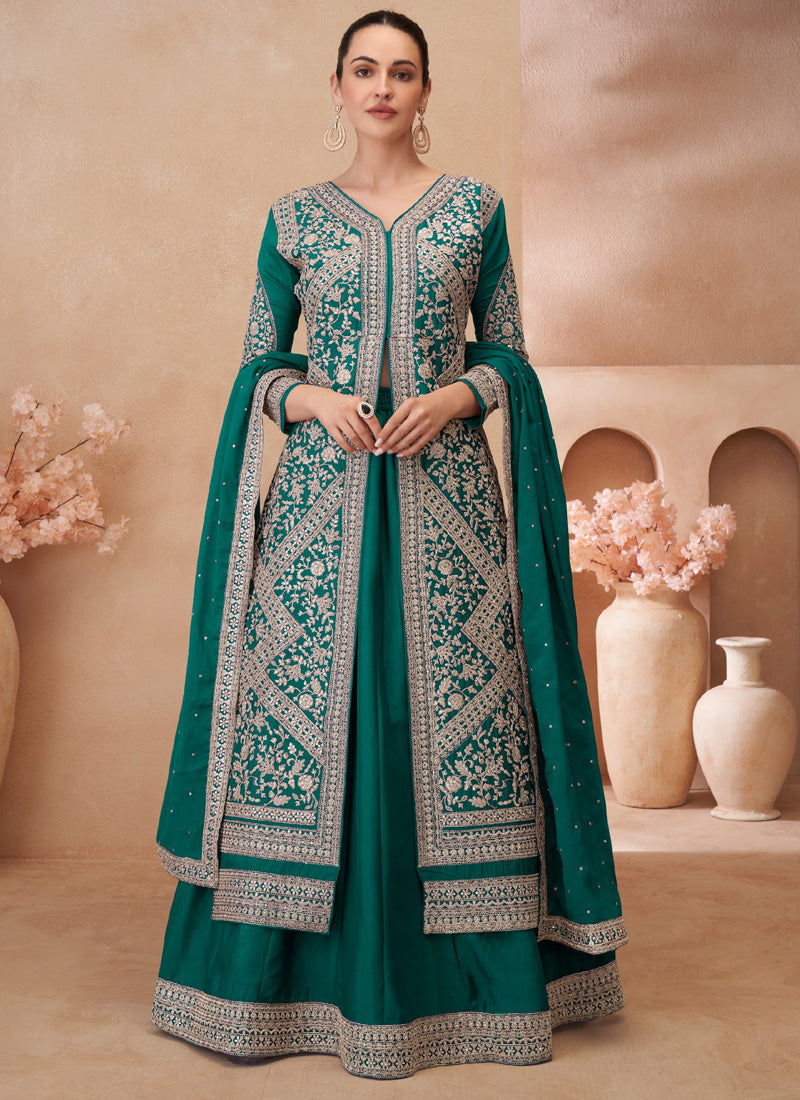 Vegaa Fashion Teal Green Real Chinon Silk Embroidered Lehenga Style Suit - Distacart
