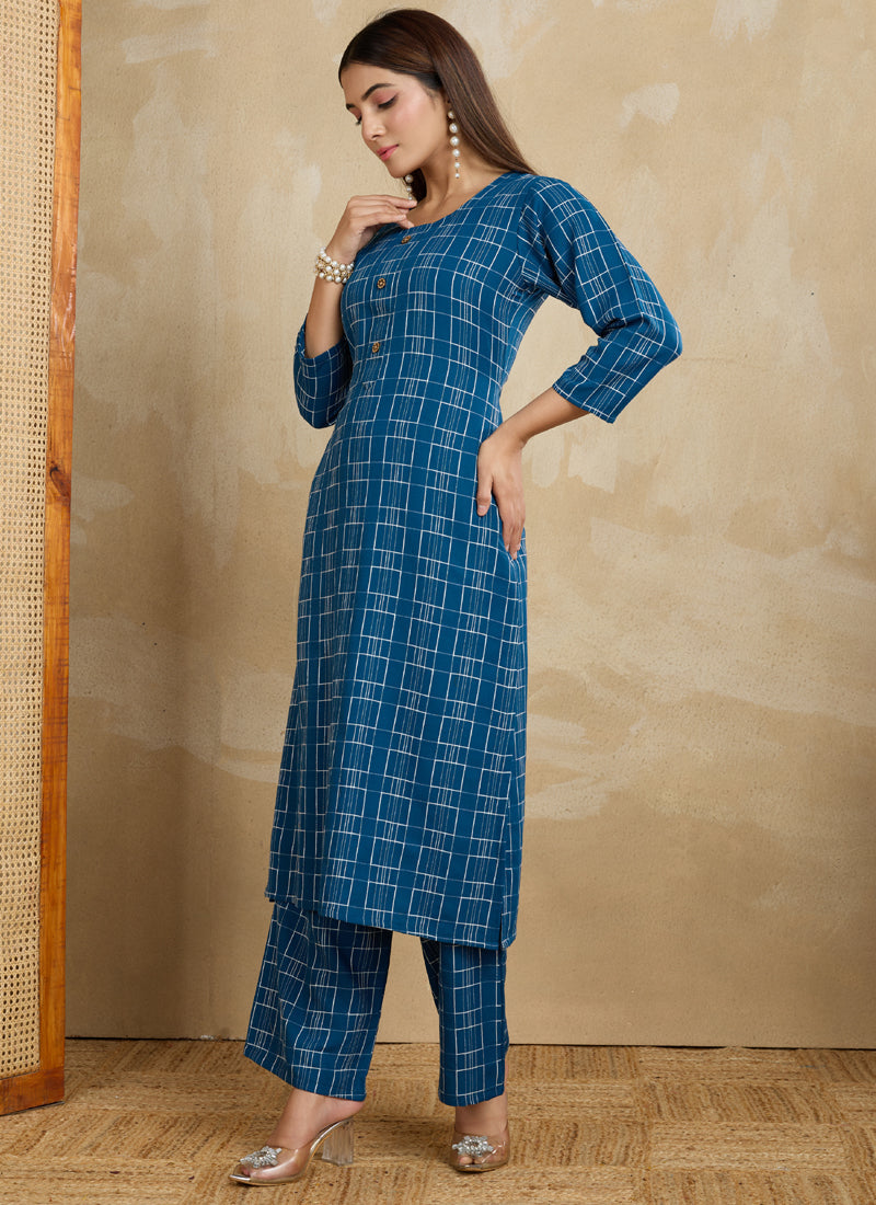 Prazu Fashion Blue Printed Cotton Blend Kurta Pant Set - Distacart