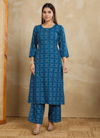 Prazu Fashion Blue Printed Cotton Blend Kurta Pant Set - Distacart