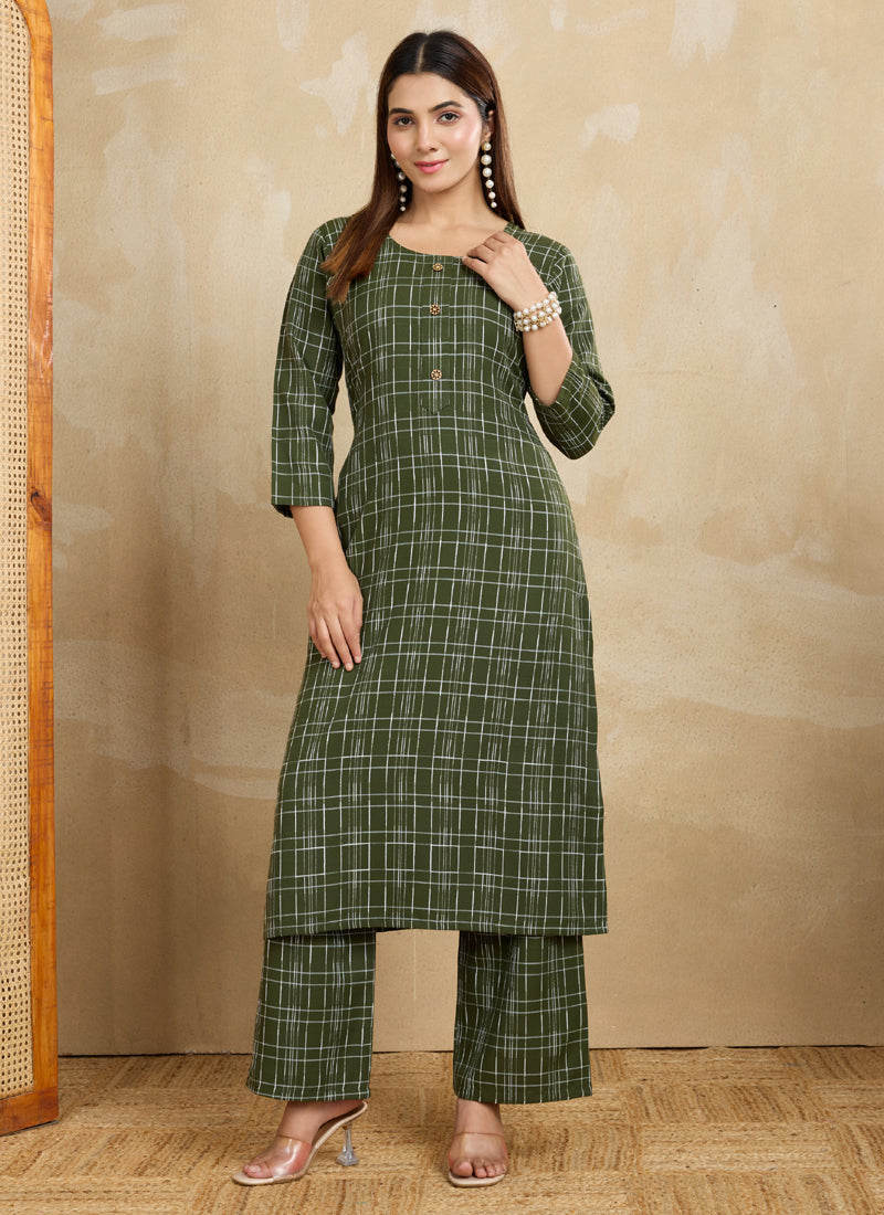Prazu Fashion Green Printed Cotton Blend Kurta Pant Set - Distacart