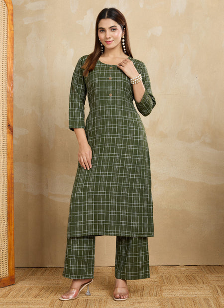 Prazu Fashion Green Printed Cotton Blend Kurta Pant Set