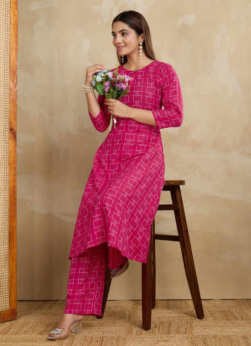 Prazu Fashion Pink Printed Cotton Blend Kurta Pant Set - Distacart