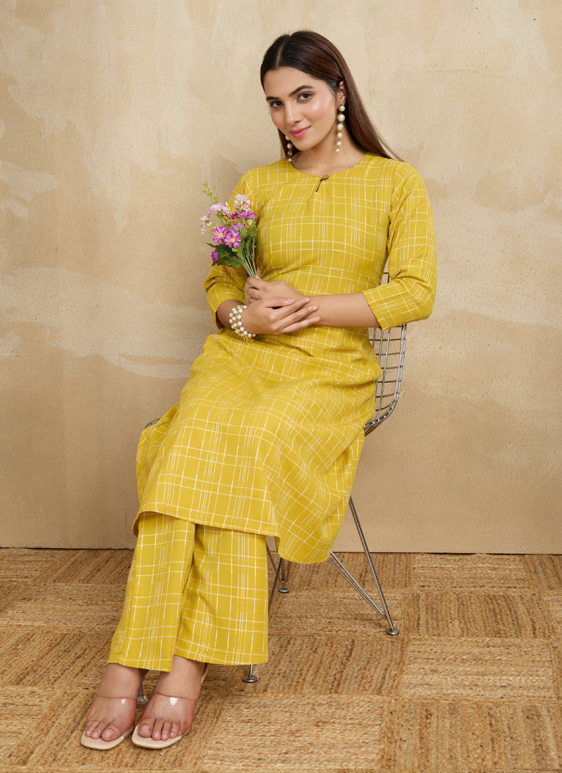 Prazu Fashion Yellow Printed Cotton Blend Kurta Pant Set - Distacart
