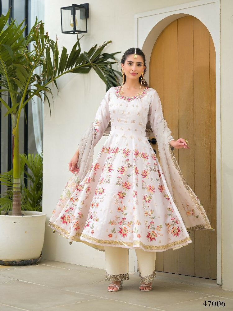 Functional Designer Off white Jam Silk Anarkali suit with Dupatta-Anbazaar - Distacart