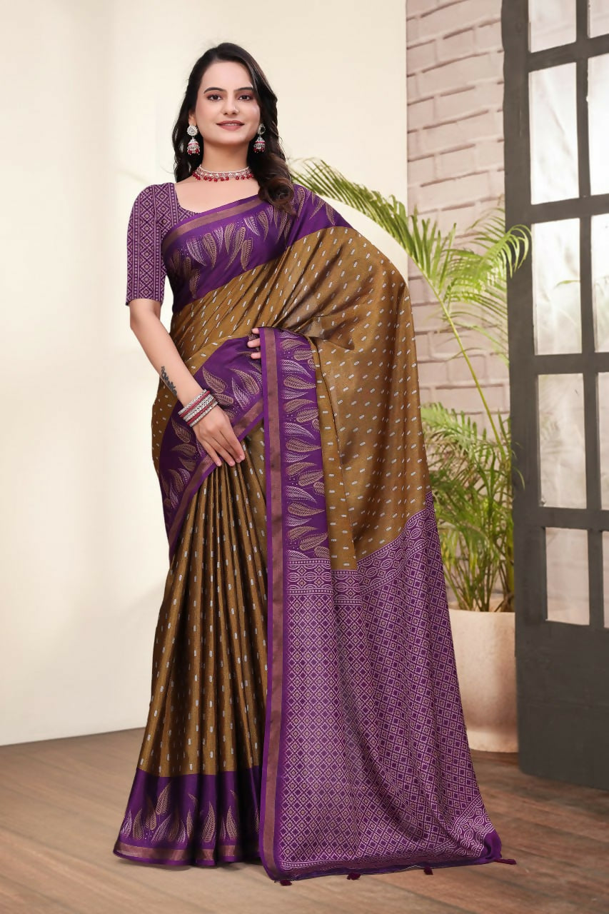Prime Volt Mal Cotton Mustard Purple Ethnic Printed Saree with Designer Blouse Piece - Distacart