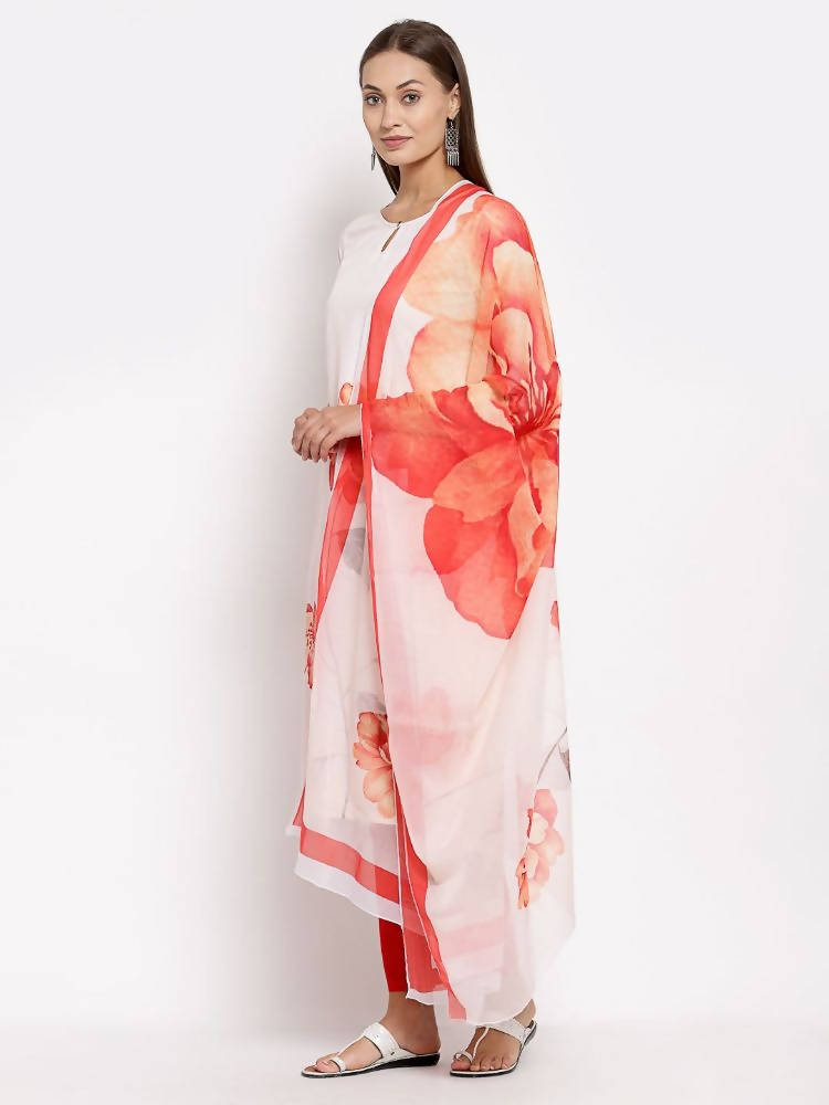 Myshka Women's White Printed Cotton Printed 3/4 Sleeve Round Neck Casual Kurta Pant Dupatta Set