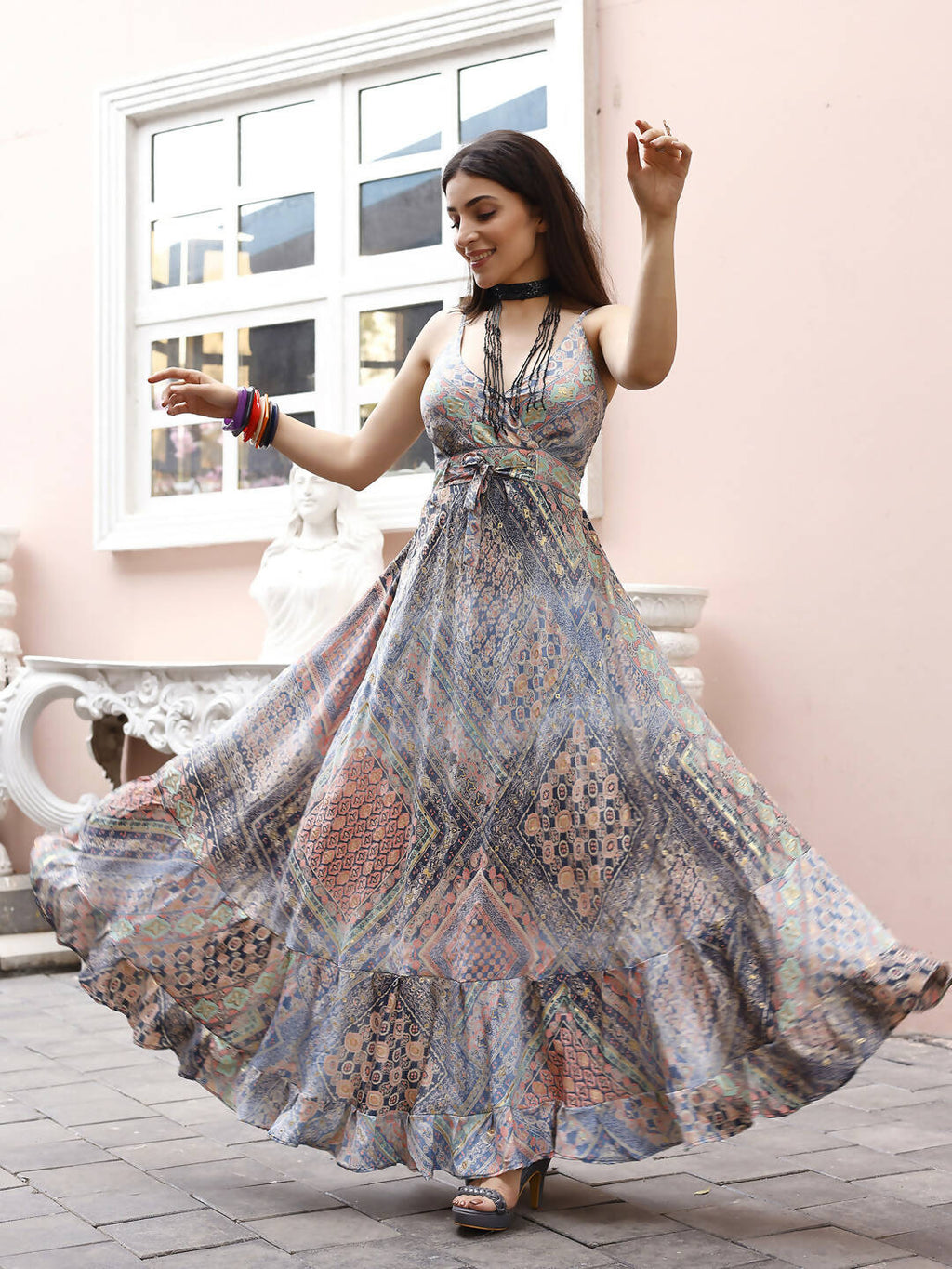 Blue Crepe Foil Printed Long Dress - Michan - Distacart