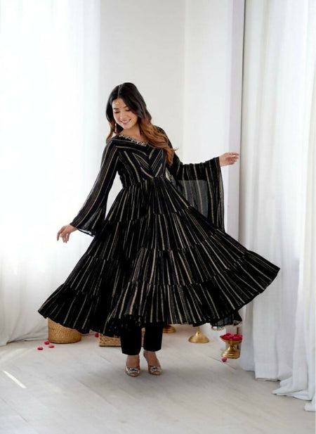 Teeya Creation Black Color Mal Chanderi Silk Hand Embroidery Work Long Gown