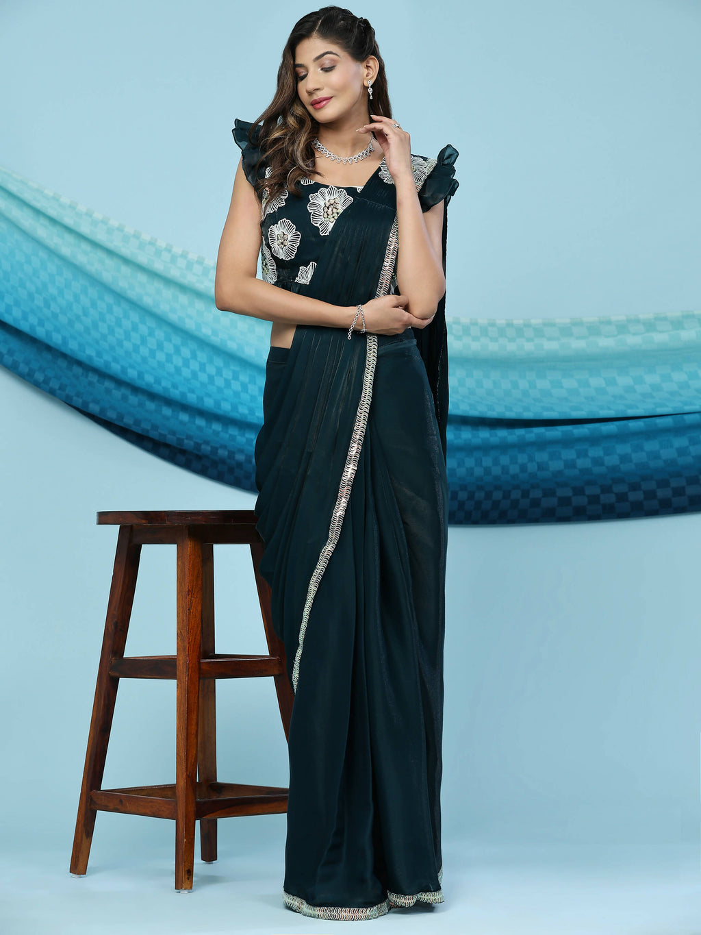 Green Silk Satin Sequence Work Ready to Wear Saree with stitched Blouse - Nirvana