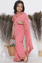 Little Bansi Floral Print Ready To Wear Saree And Floral Blouse - Coral