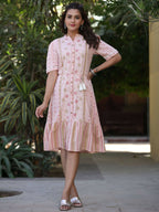 Juniper Women's Pink Cotton Printed Embroidered Flared Dress - Distacart