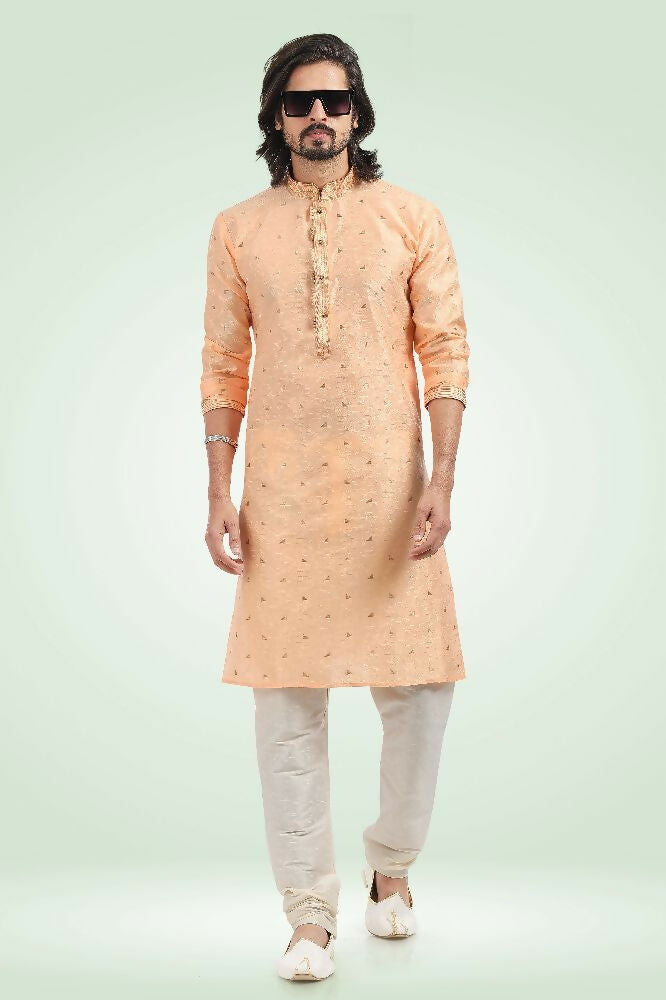 Raivat Ethnic Jacquard Banarasi Silk Pintux Work Kurta Pajama In Peach Colour
