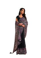 Black Satin Crepe Silk Sequence Embroidered Saree With Unstitched Blouse - Mohmanthan Yavanika