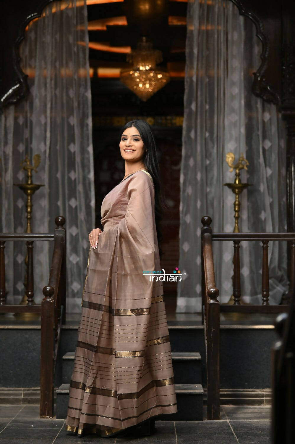 Very Much Indian VMI Exclusive Designer! Handloom Cotton Silk Saree With Sleek Golden Border - Warm Taupe