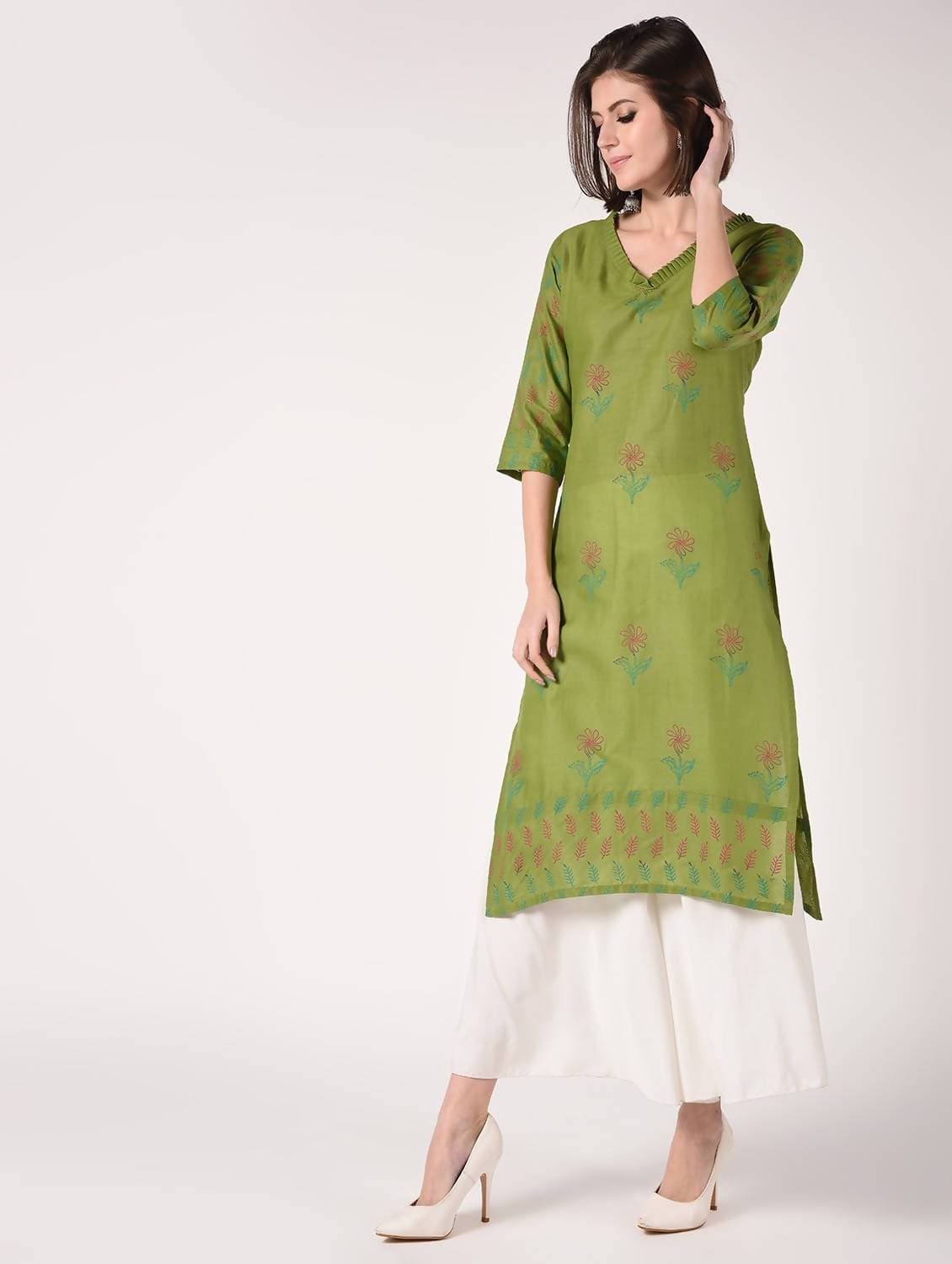 Cheera Hand Block Print Olive green Latest Straight Kurta