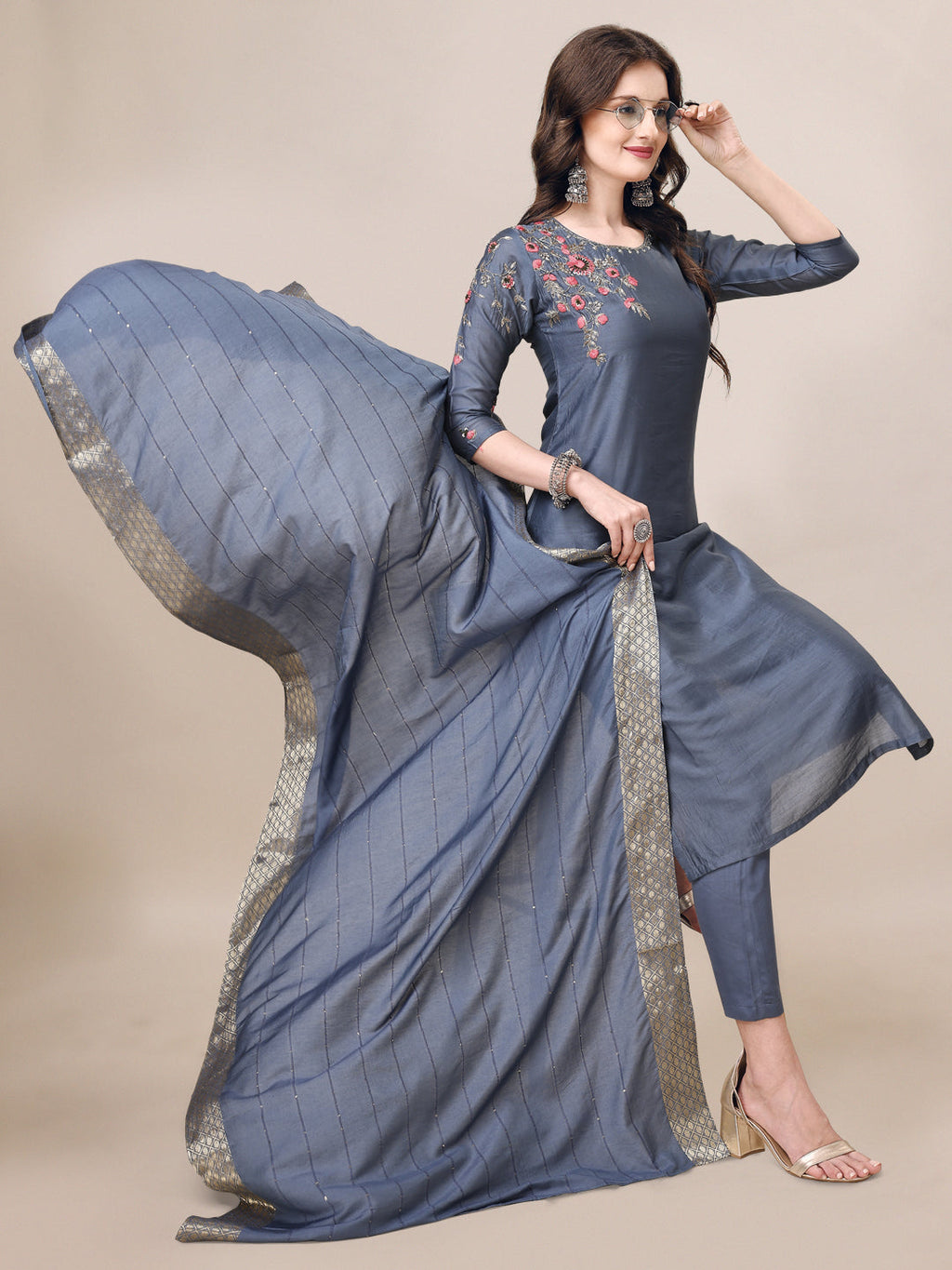 Embroidered Kurta With Pant & Dupatta Set, Multicolor - Hiral Fashion - Distacart